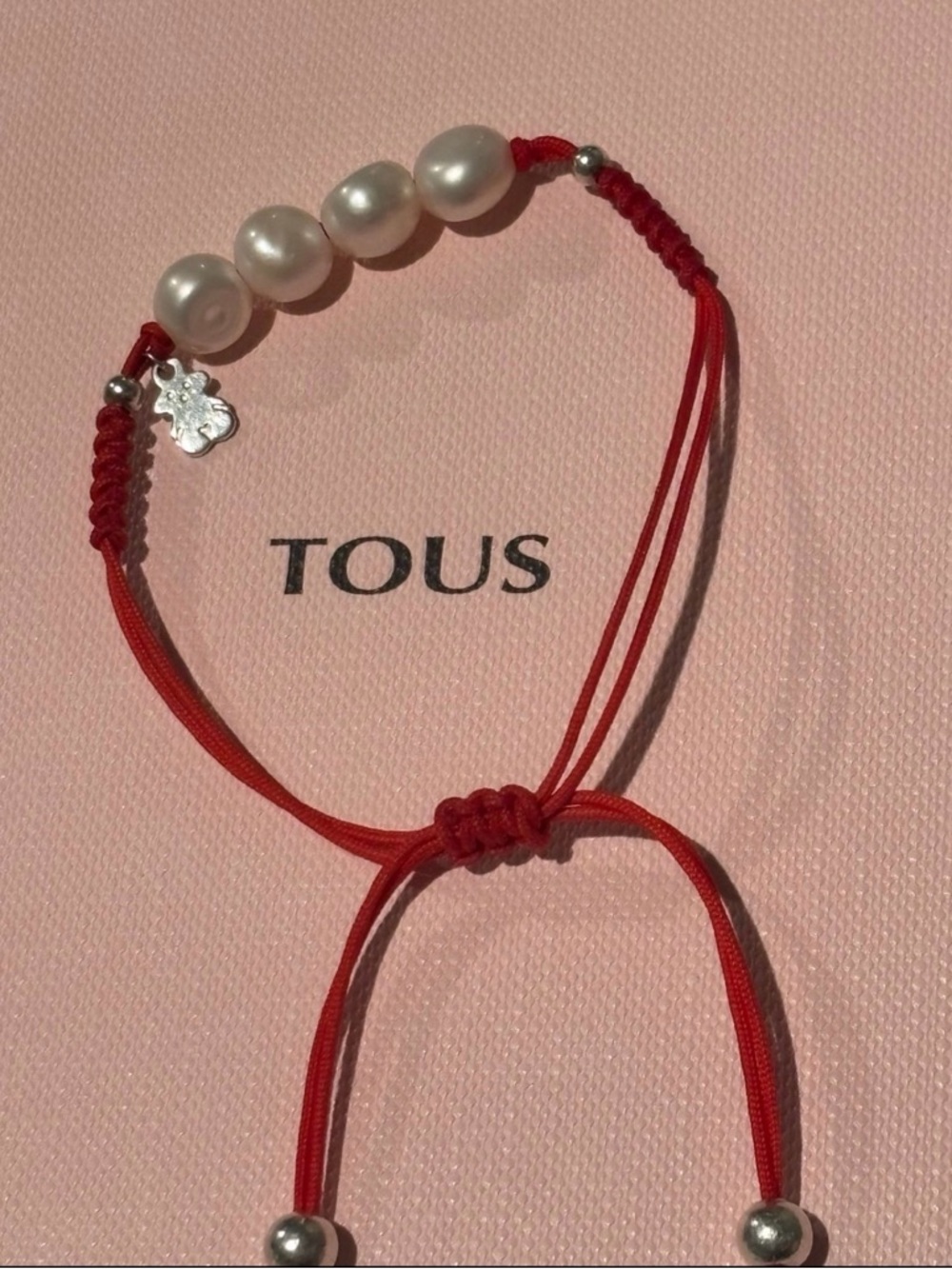 TOUS Red Cord Bracelet with White Pearls
